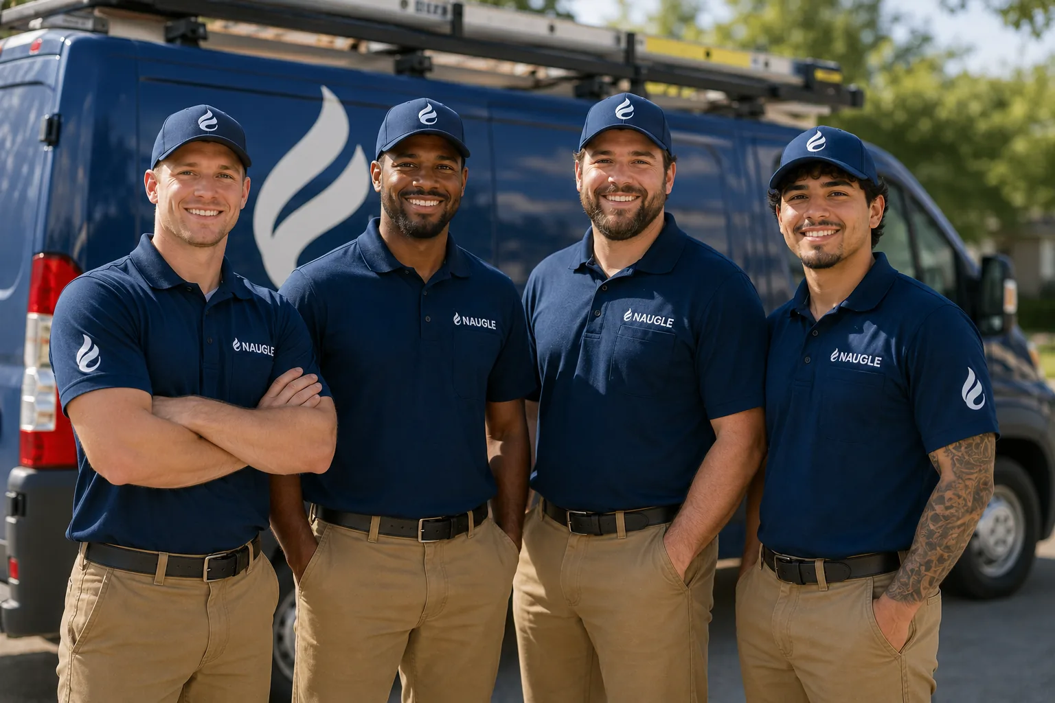 The Naugle service team in front of a branded van