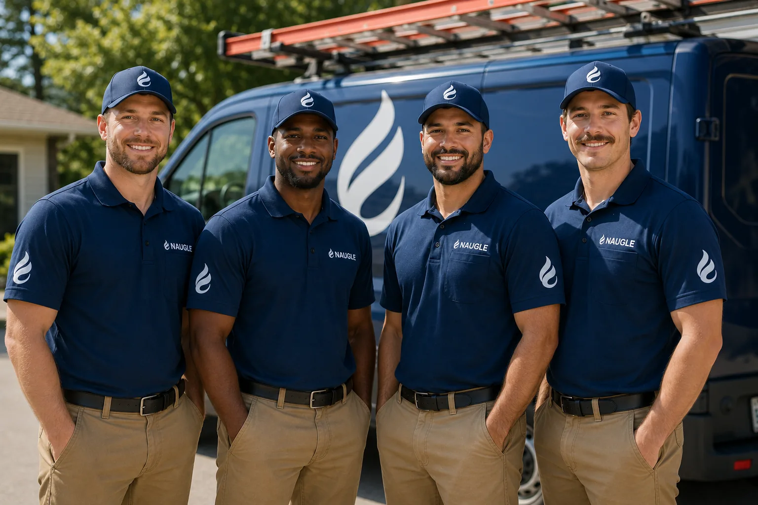 The Naugle service team standing in front of a branded Naugle van