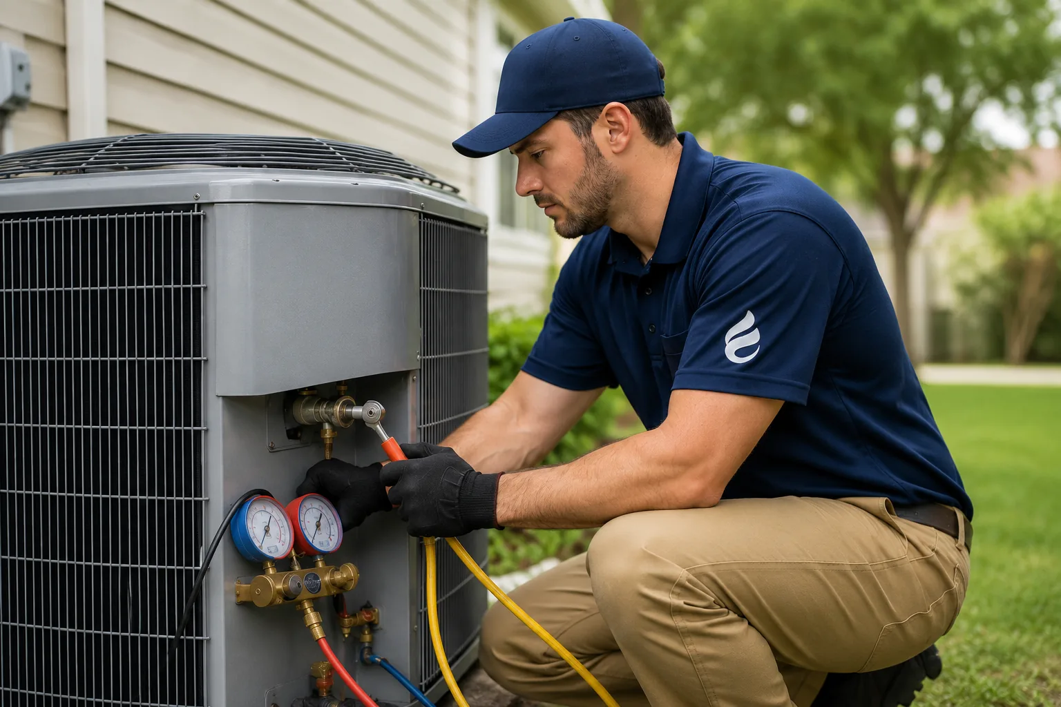 Naugle technician servicing a residential central AC condenser with gauges