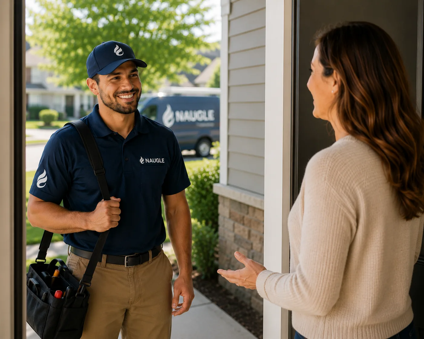 Naugle technician greeting a homeowner at her front door