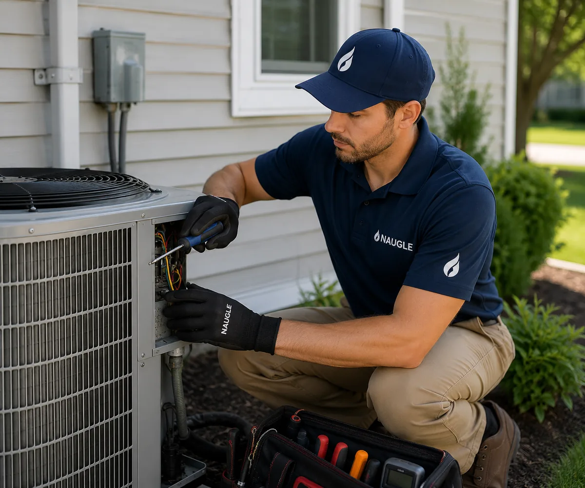 Naugle cooling technician servicing a central AC condenser