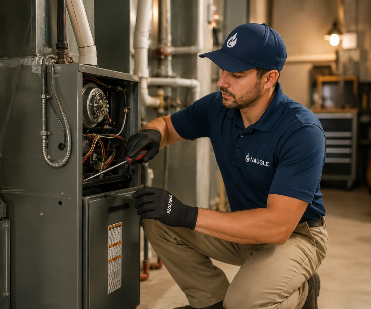 Naugle heating technician servicing a residential furnace