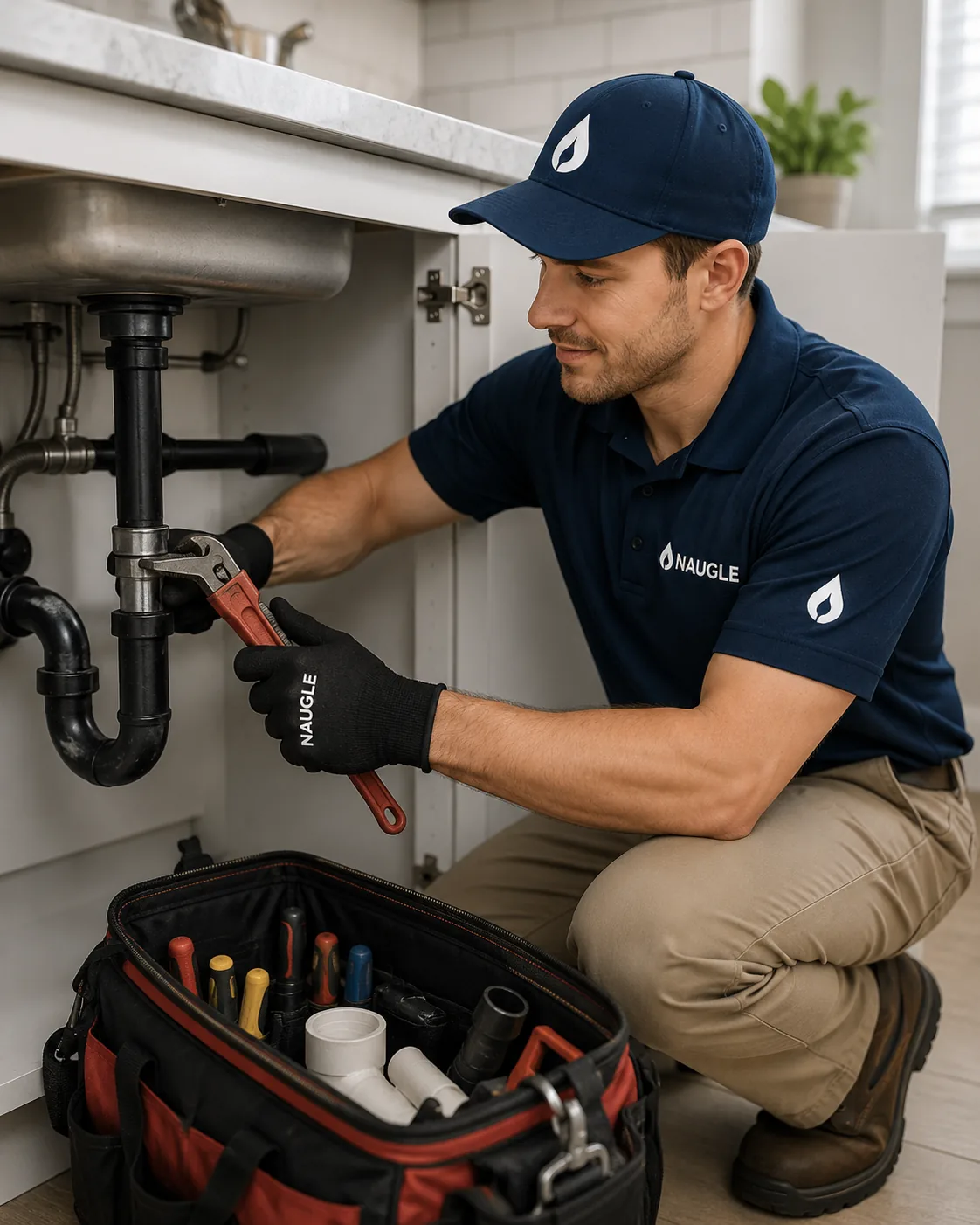 Naugle plumbing technician working on a residential water line